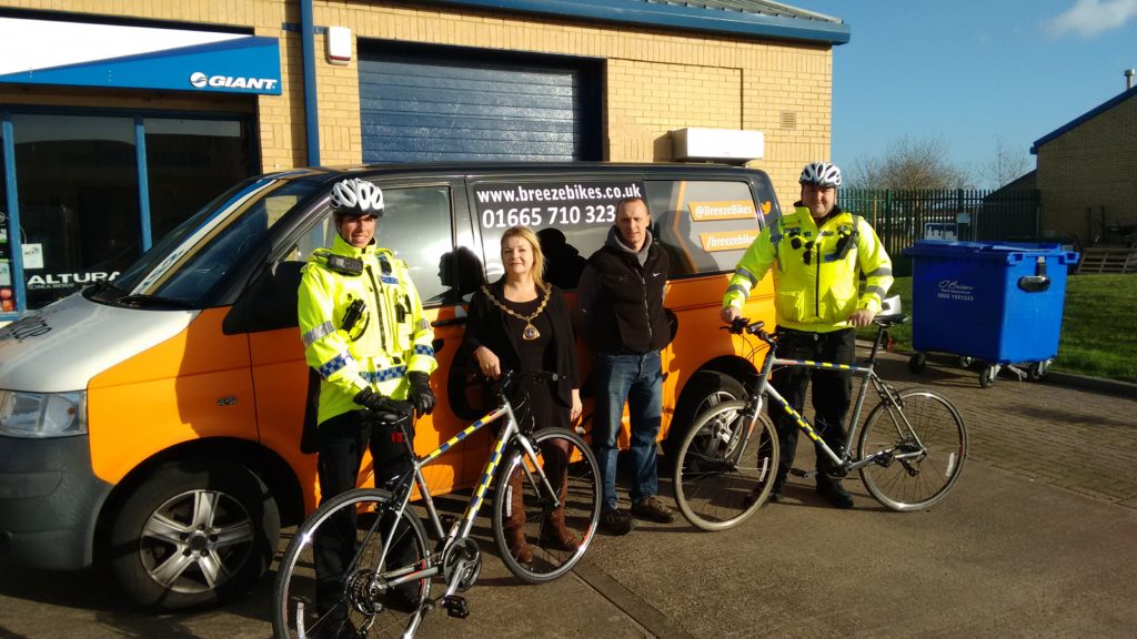 PCSO Julie Wright, Amble Mayor Jane Dague, Mark Breeze and PSCO Kenneth Mouat